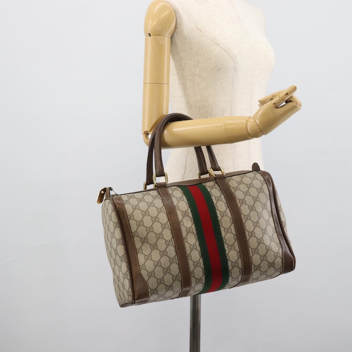 GUCCI GG Supreme Web Sherry Line Boston Bag PVC Beige Gold Auth ep15012