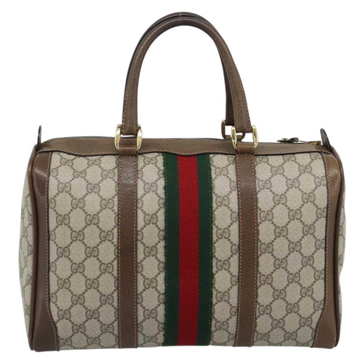 GUCCI GG Supreme Web Sherry Line Boston Bag PVC Beige Gold Auth ep15012
