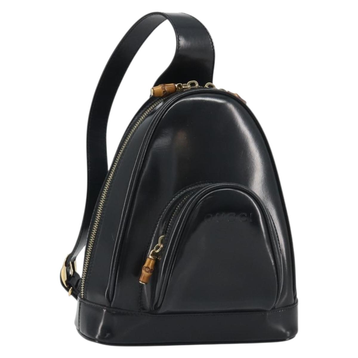 GUCCI Bamboo Shoulder Bag Enamel Black Gold 003 2113 0127 Auth ep15033