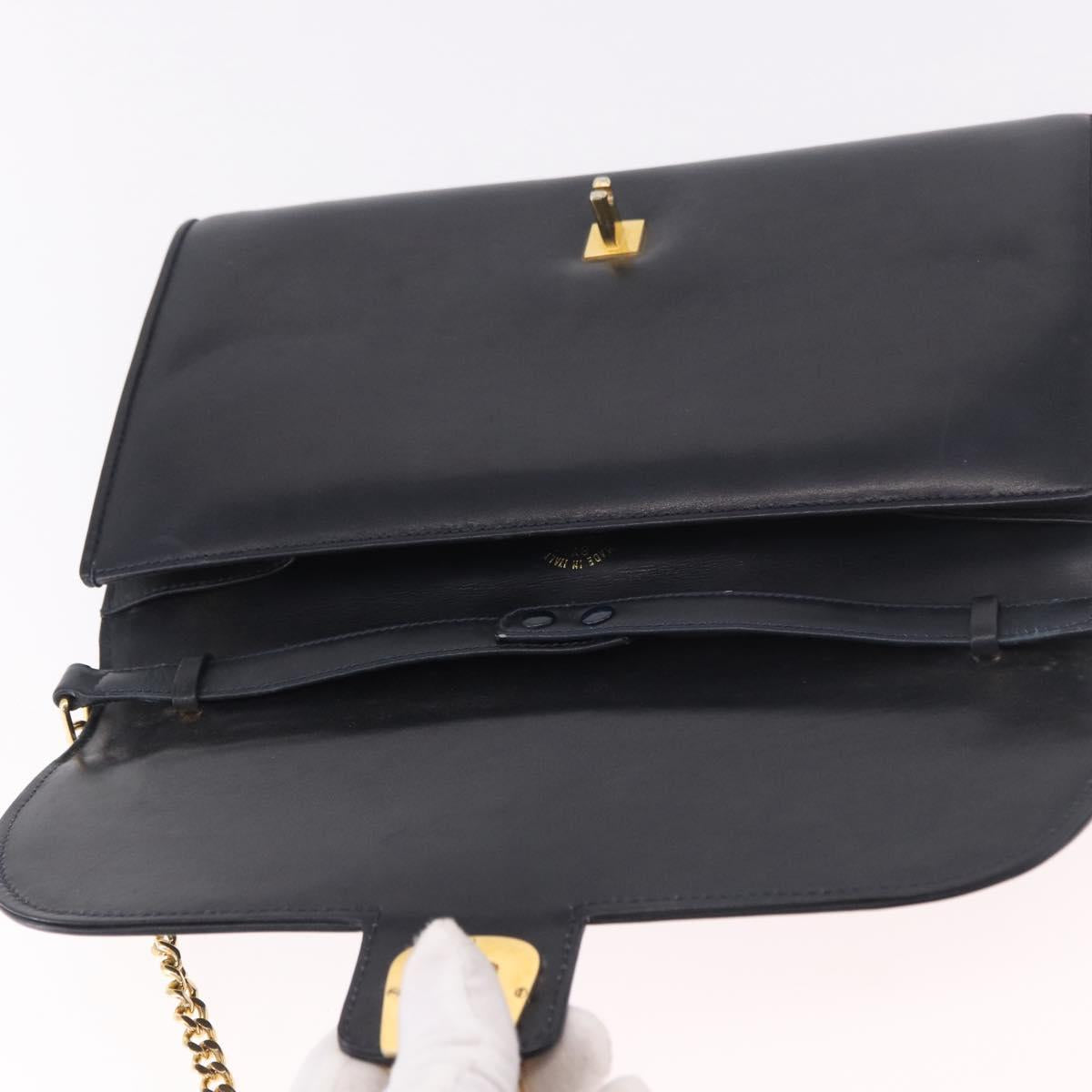 GUCCI Chain Shoulder Bag Leather Navy Gold Auth ep15061