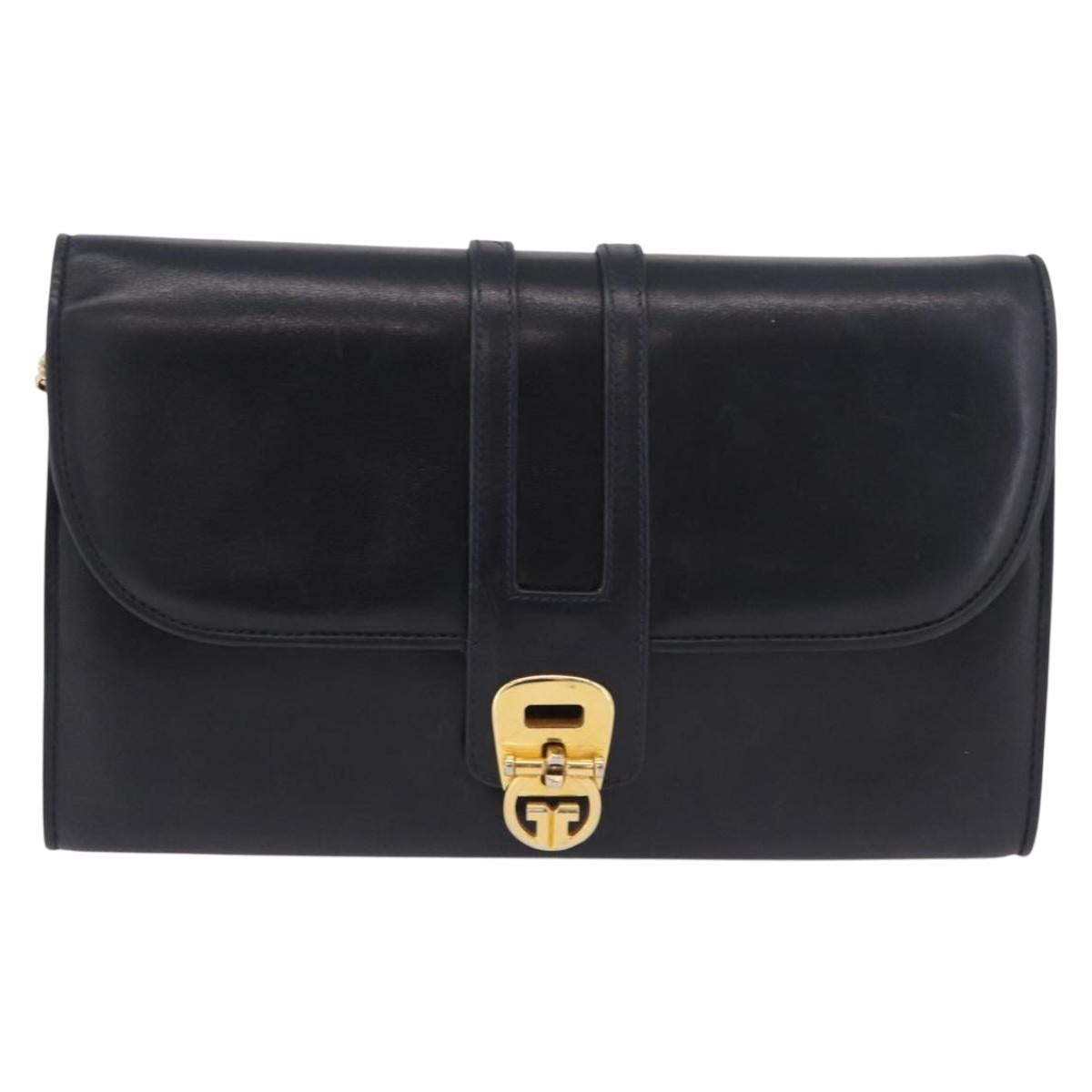 GUCCI Chain Shoulder Bag Leather Navy Gold Auth ep15061