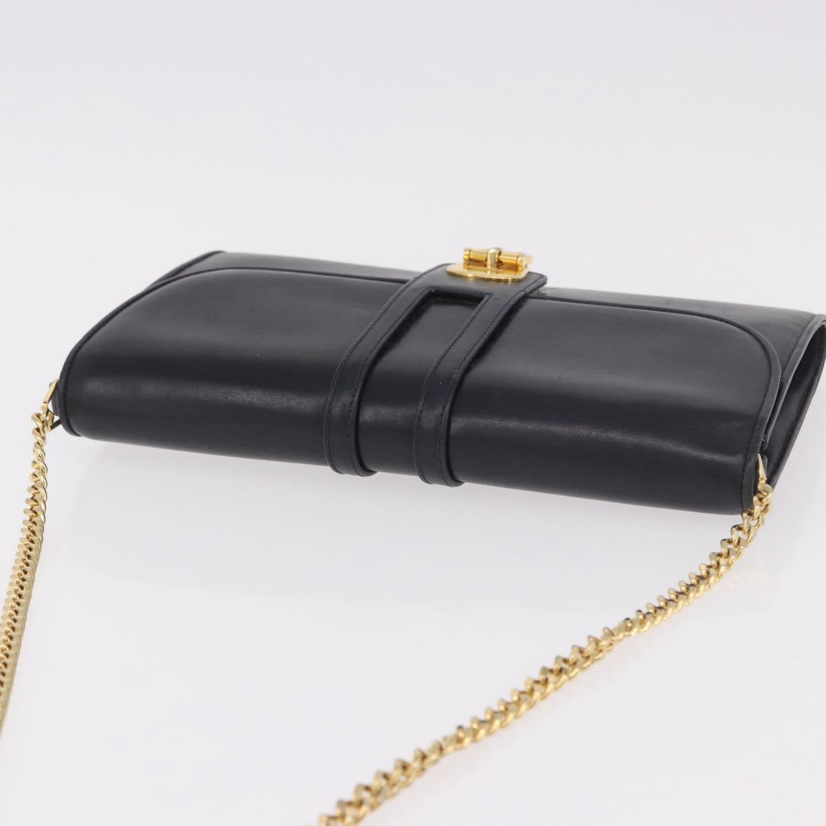 GUCCI Chain Shoulder Bag Leather Navy Gold Auth ep15061