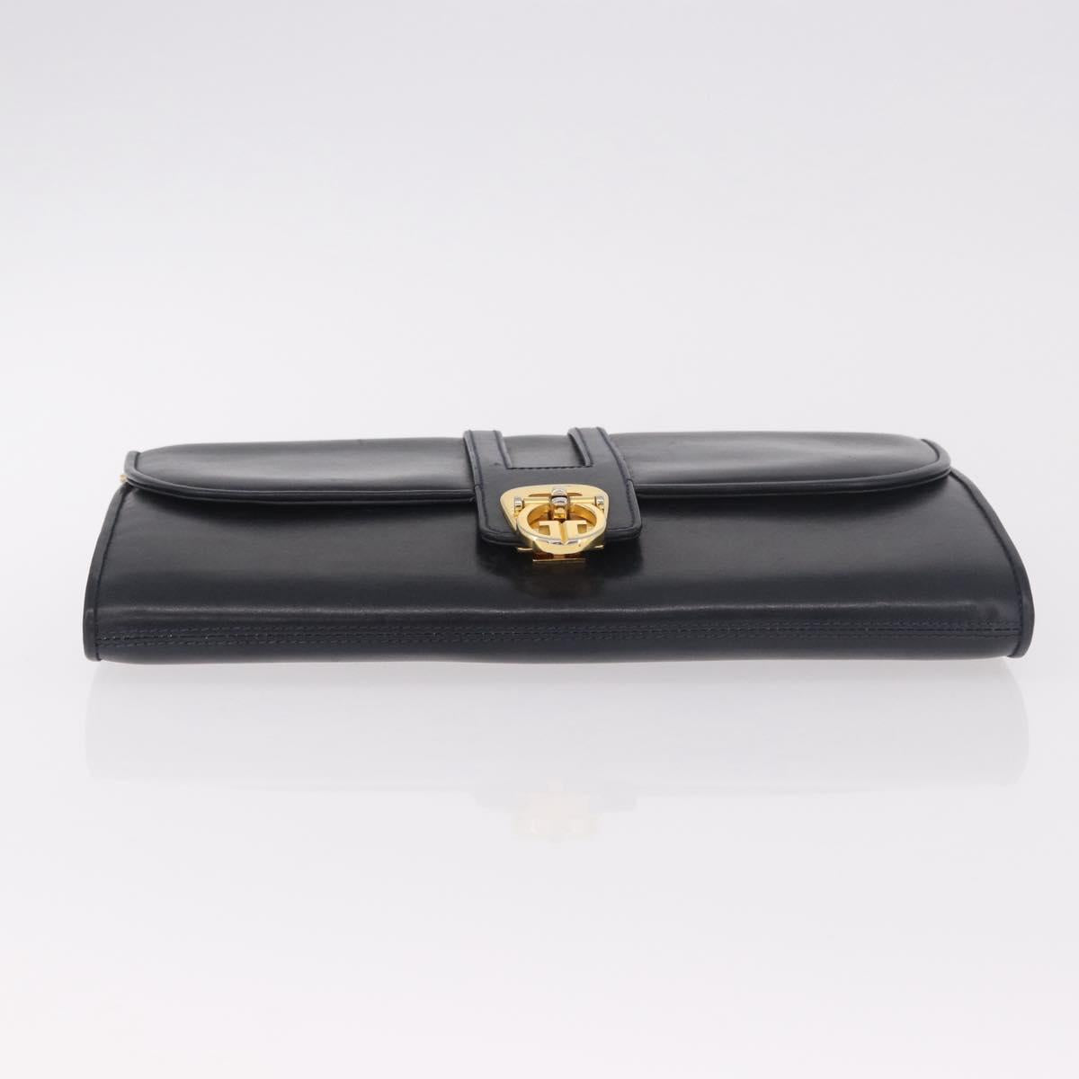 GUCCI Chain Shoulder Bag Leather Navy Gold Auth ep15061