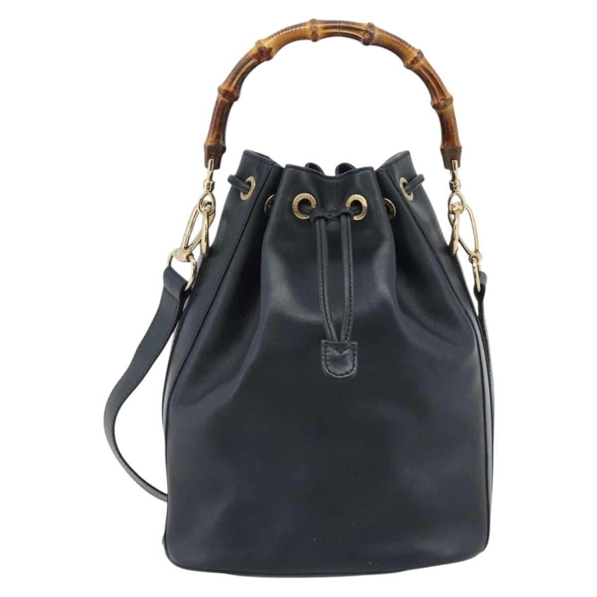 GUCCI Bamboo Hand Bag Leather 2way Navy Gold 001 3754 1657 Auth ep15071
