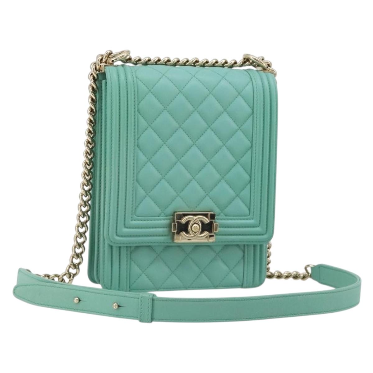 CHANEL Chain Matelasse Boy Chanel Bag Lamb Skin Green Gold CC Auth ep15086SM
