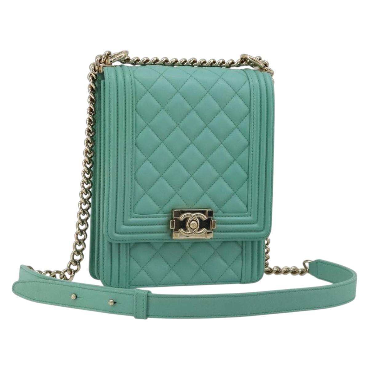 CHANEL Chain Matelasse Boy Chanel Bag Lamb Skin Green Gold CC Auth ep15086SM