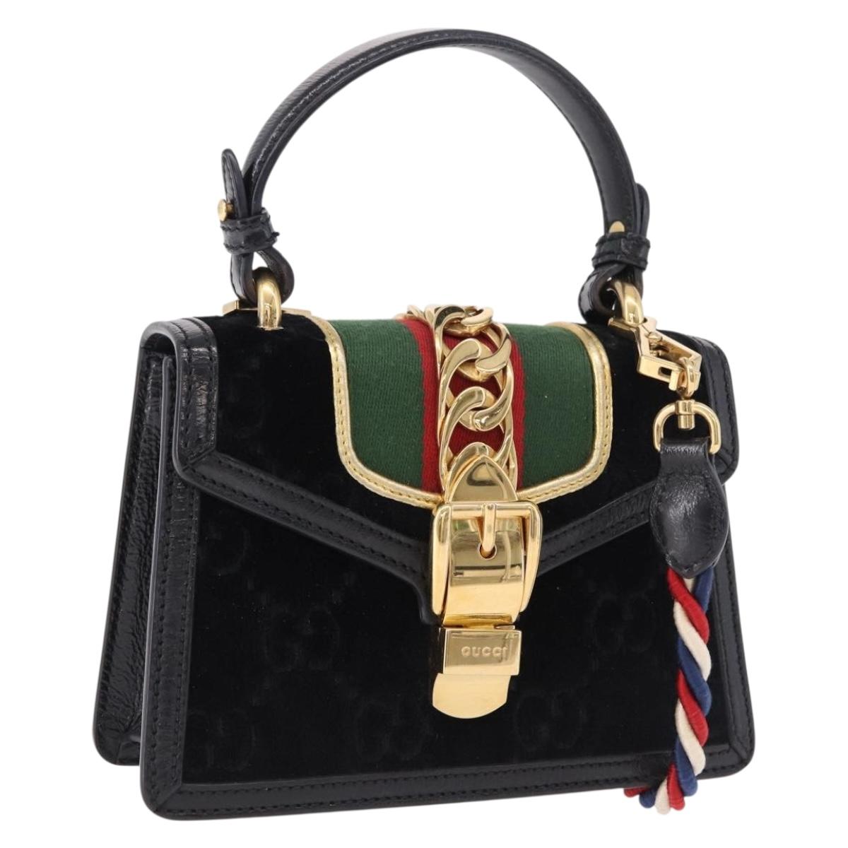 GUCCI GG Canvas Web Sherry Line Bag Velvet 2way Black Gold 470270 Auth ep15093A