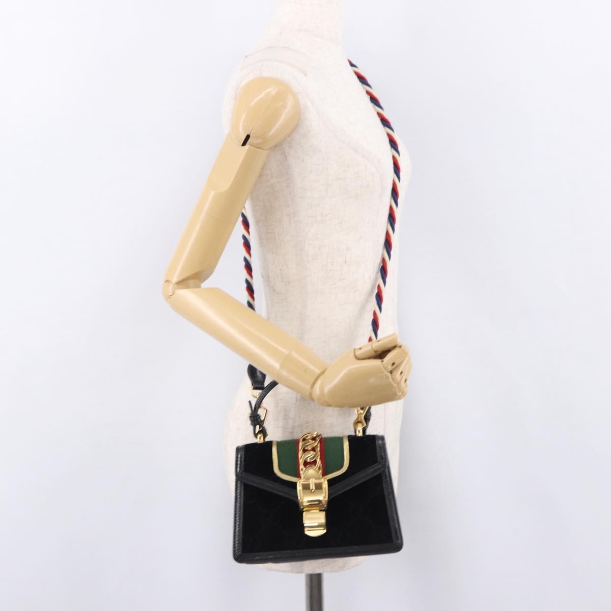 GUCCI GG Canvas Web Sherry Line Bag Velvet 2way Black Gold 470270 Auth ep15093A