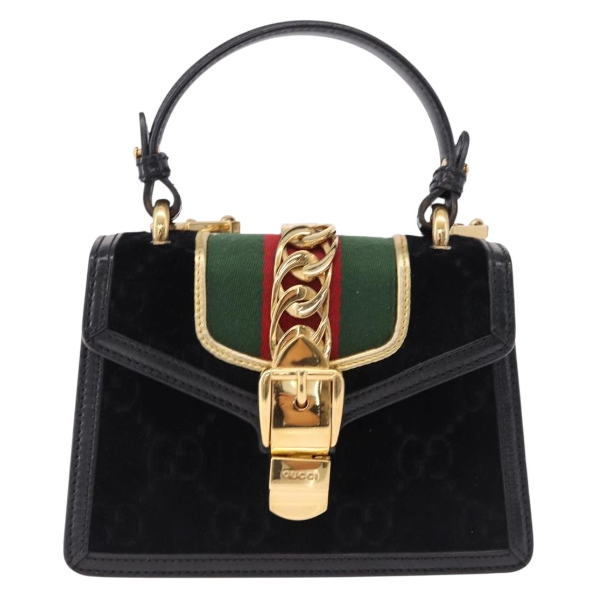 GUCCI GG Canvas Web Sherry Line Bag Velvet 2way Black Gold 470270 Auth ep15093A