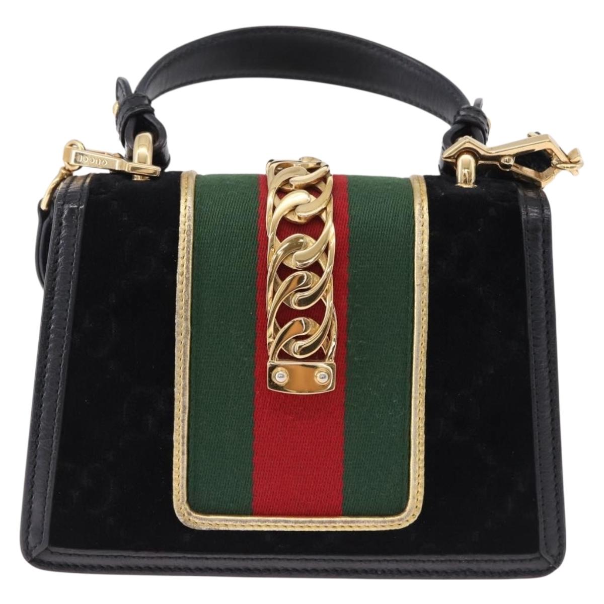 GUCCI GG Canvas Web Sherry Line Bag Velvet 2way Black Gold 470270 Auth ep15093A