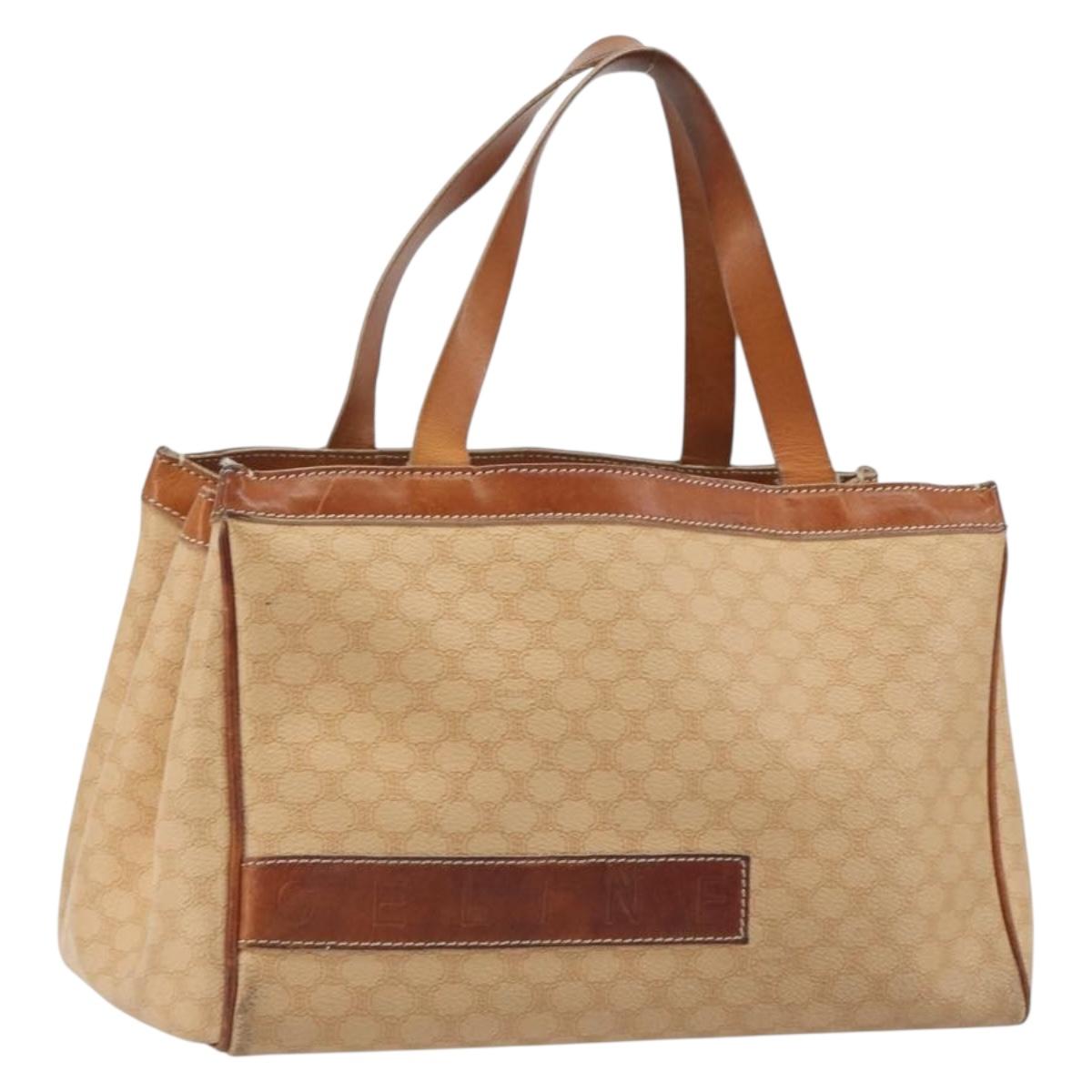 CELINE Macadam Hand Bag PVC Leather Beige Gold Tone Auth ep15137