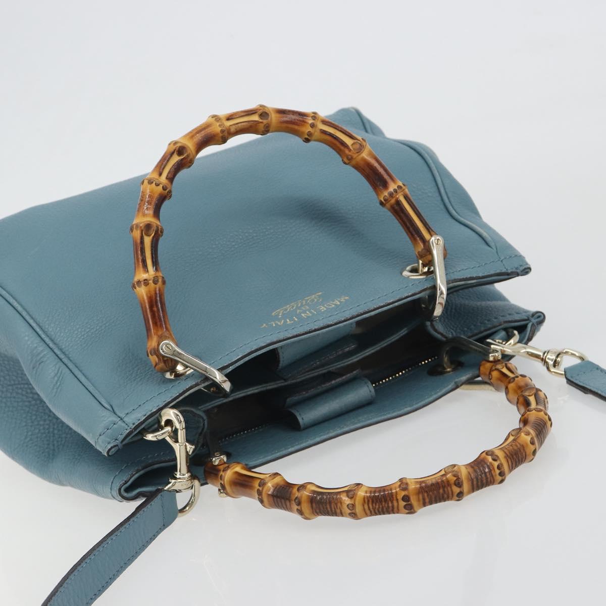 GUCCI Bamboo Hand Bag Leather 2way Blue Silver 336032 Auth ep15143