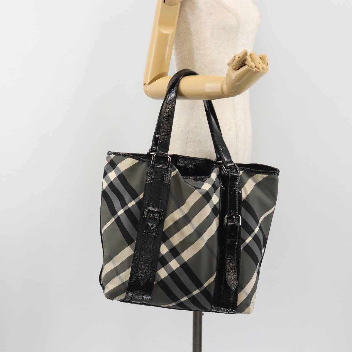 BURBERRY Nova Check Tote Bag Nylon Black Silver Auth ep15157