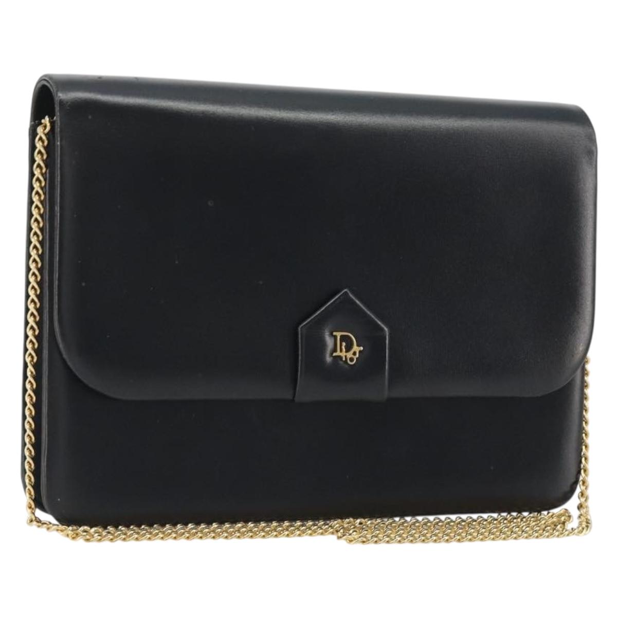 Christian Dior Chain Shoulder Bag Leather Black Gold Tone Auth ep15162