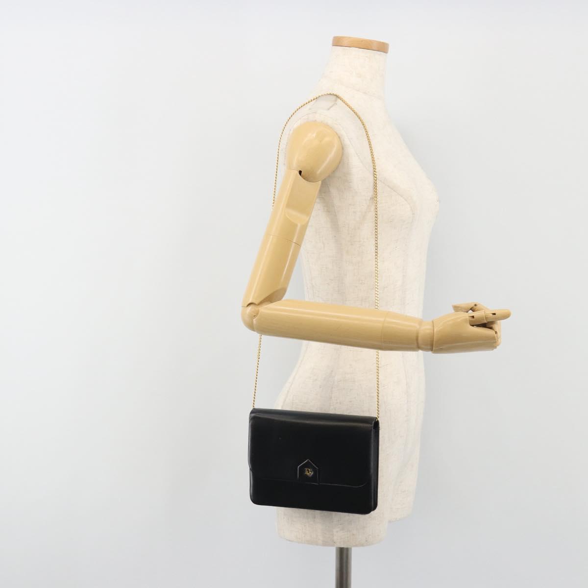 Christian Dior Chain Shoulder Bag Leather Black Gold Tone Auth ep15162
