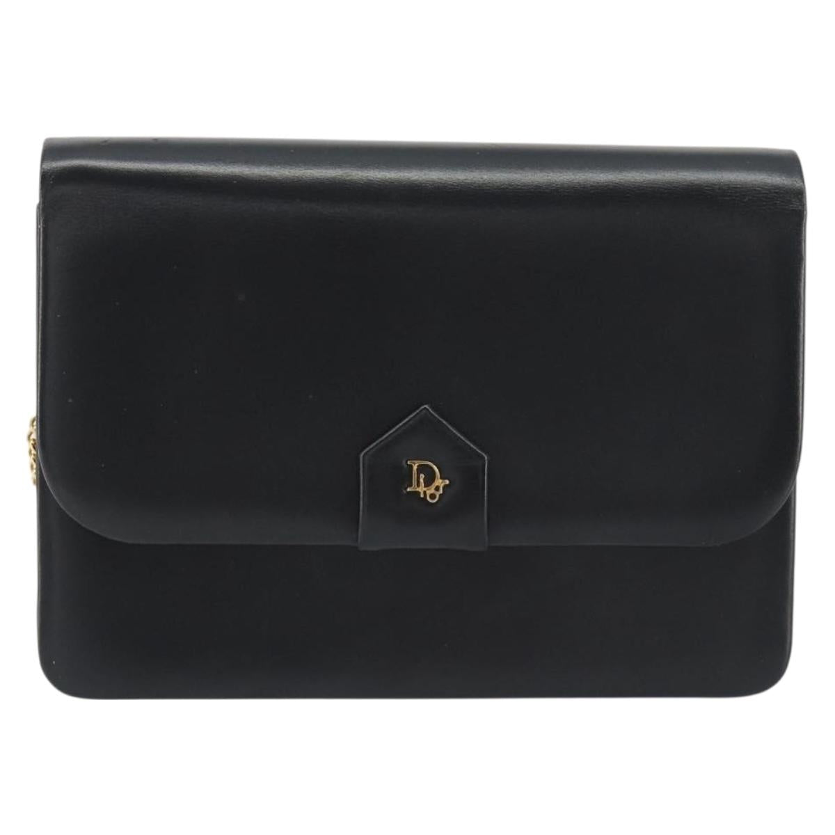 Christian Dior Chain Shoulder Bag Leather Black Gold Tone Auth ep15162