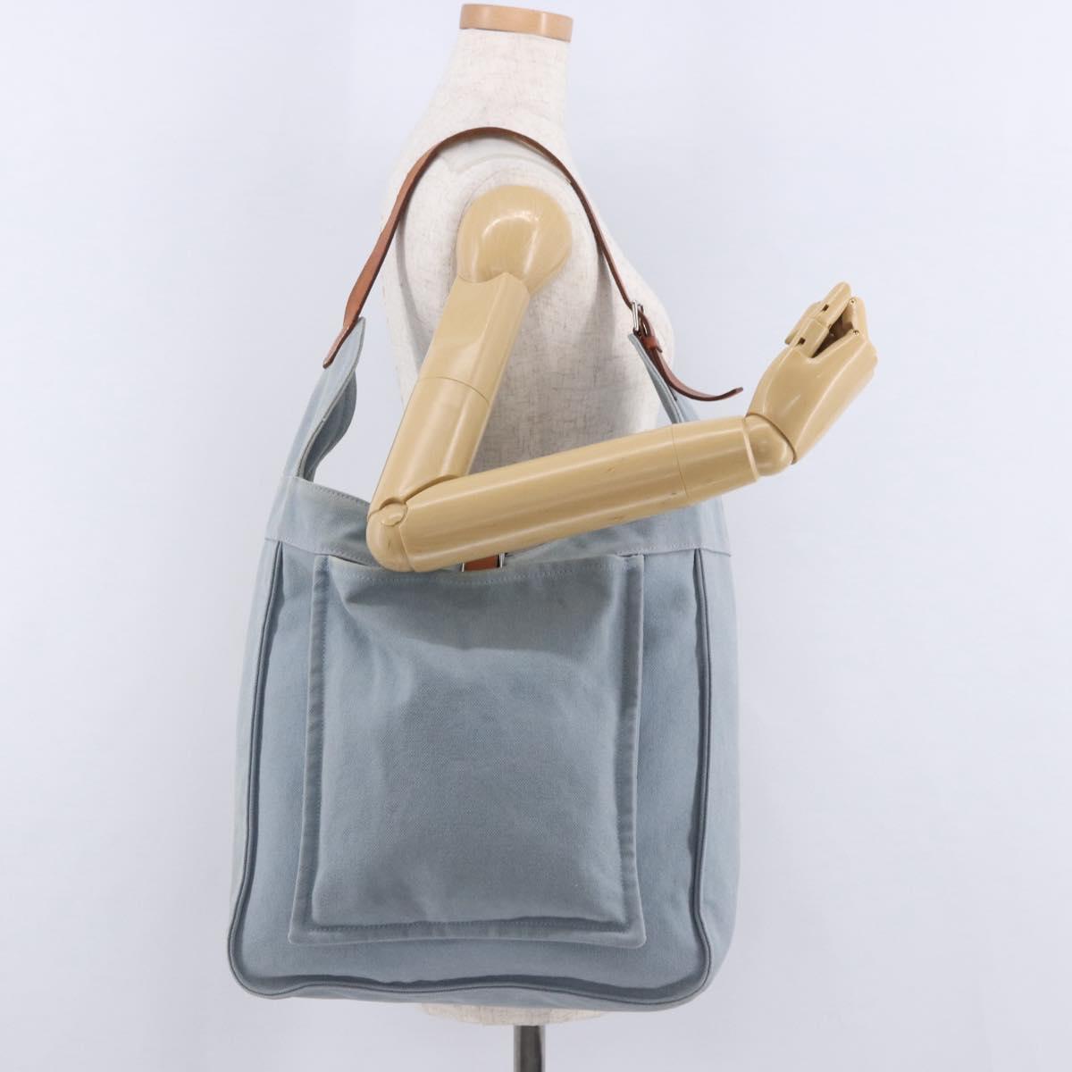 HERMES Marwali GM Shoulder Bag Canvas Light Blue Silver Auth ep15167