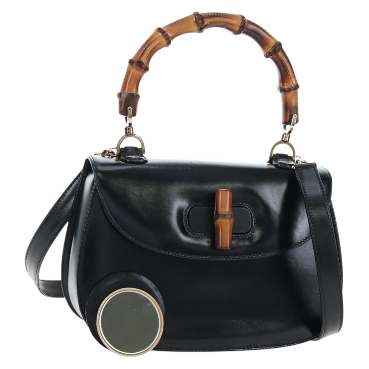 GUCCI Bamboo Hand Bag Leather 2way Black Gold Tone Auth ep15168SAV