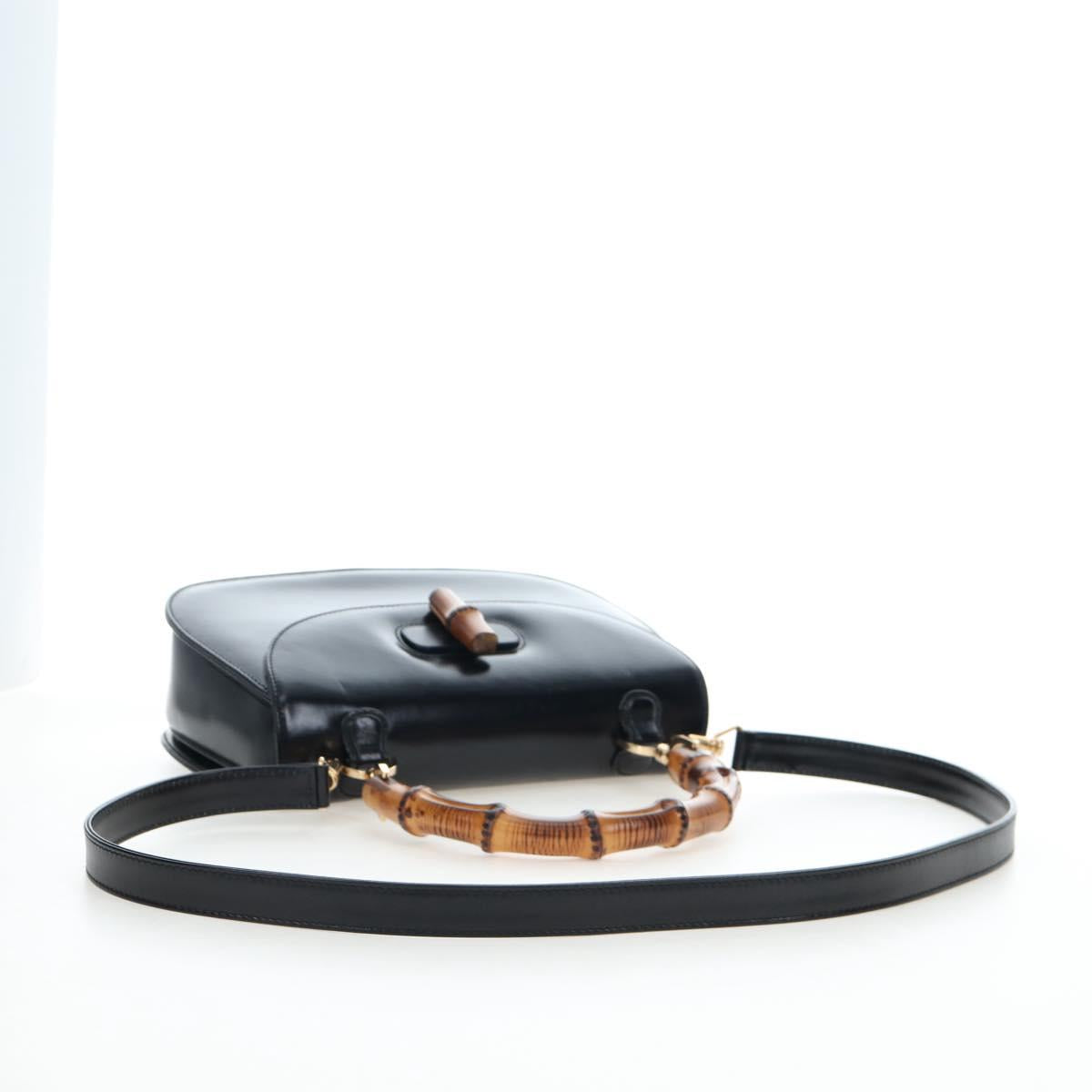 GUCCI Bamboo Hand Bag Leather 2way Black Gold Tone Auth ep15168SAV