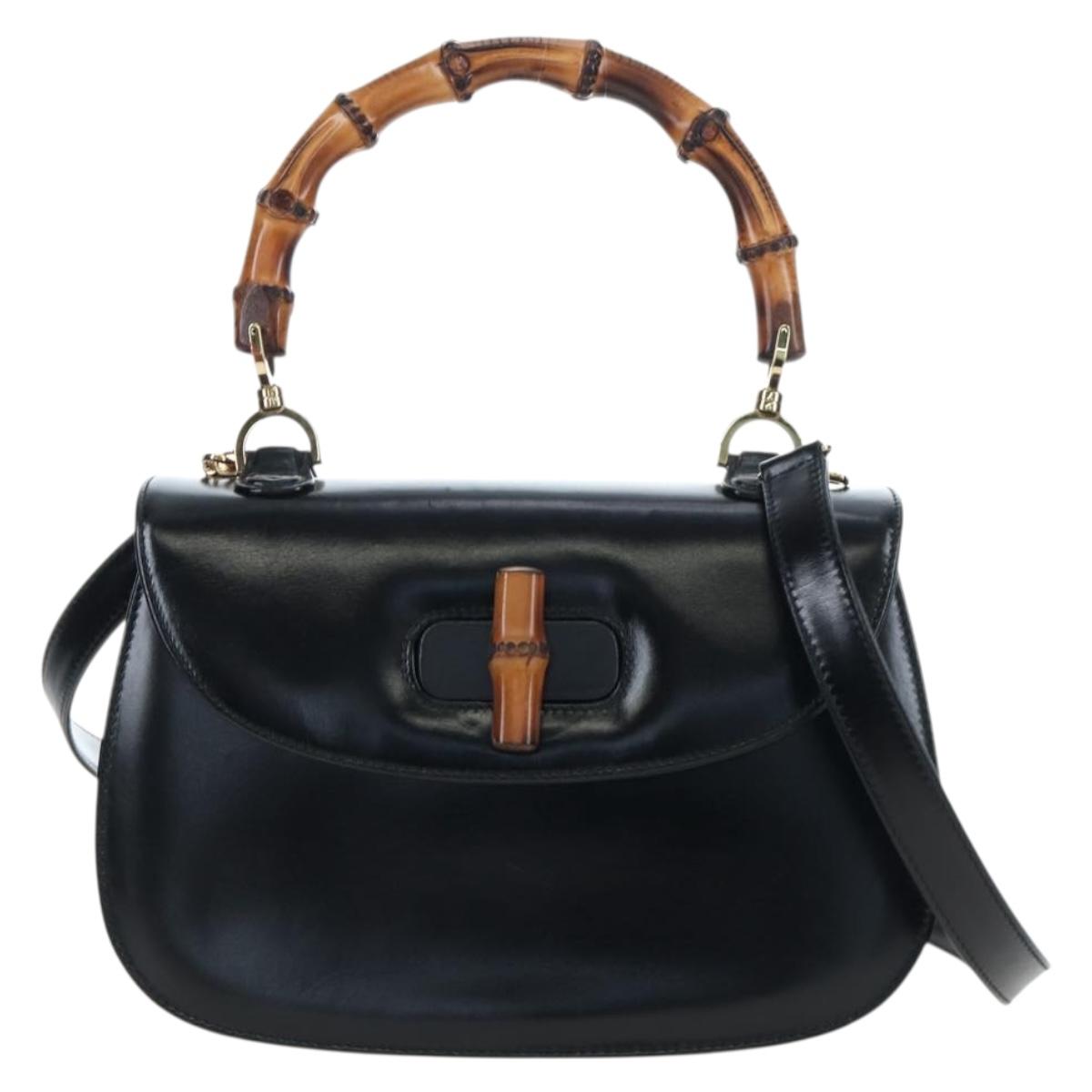 GUCCI Bamboo Hand Bag Leather 2way Black Gold Tone Auth ep15168SAV
