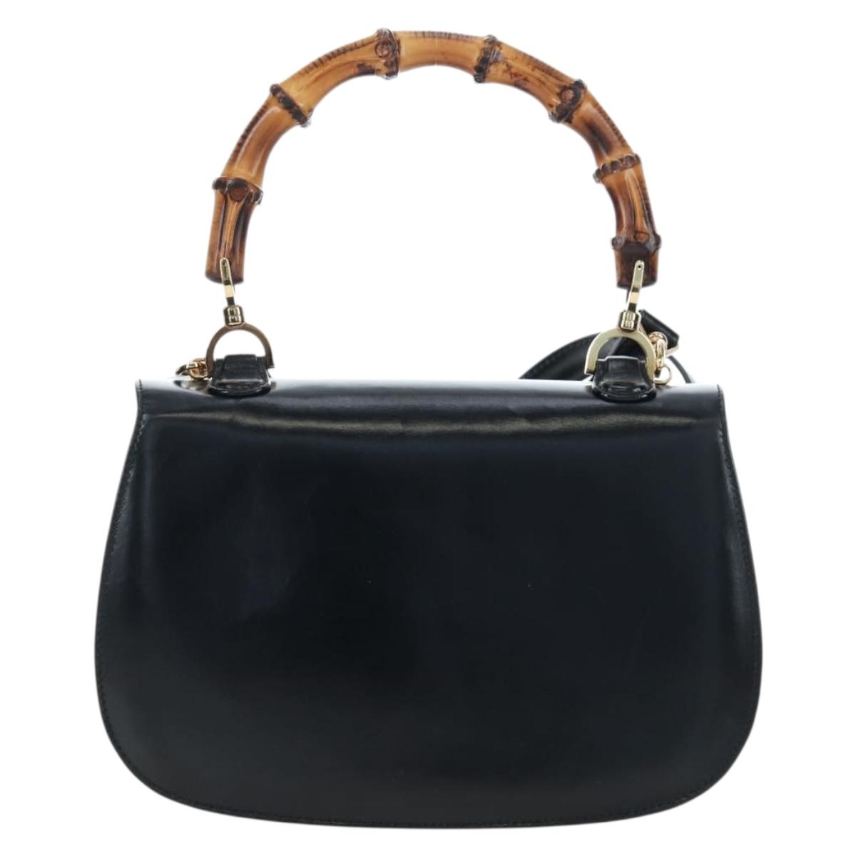 GUCCI Bamboo Hand Bag Leather 2way Black Gold Tone Auth ep15168SAV