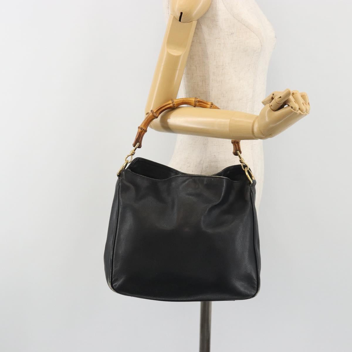GUCCI Bamboo Hand Bag Leather Black Gold Tone 004 123 1638 Auth ep15174