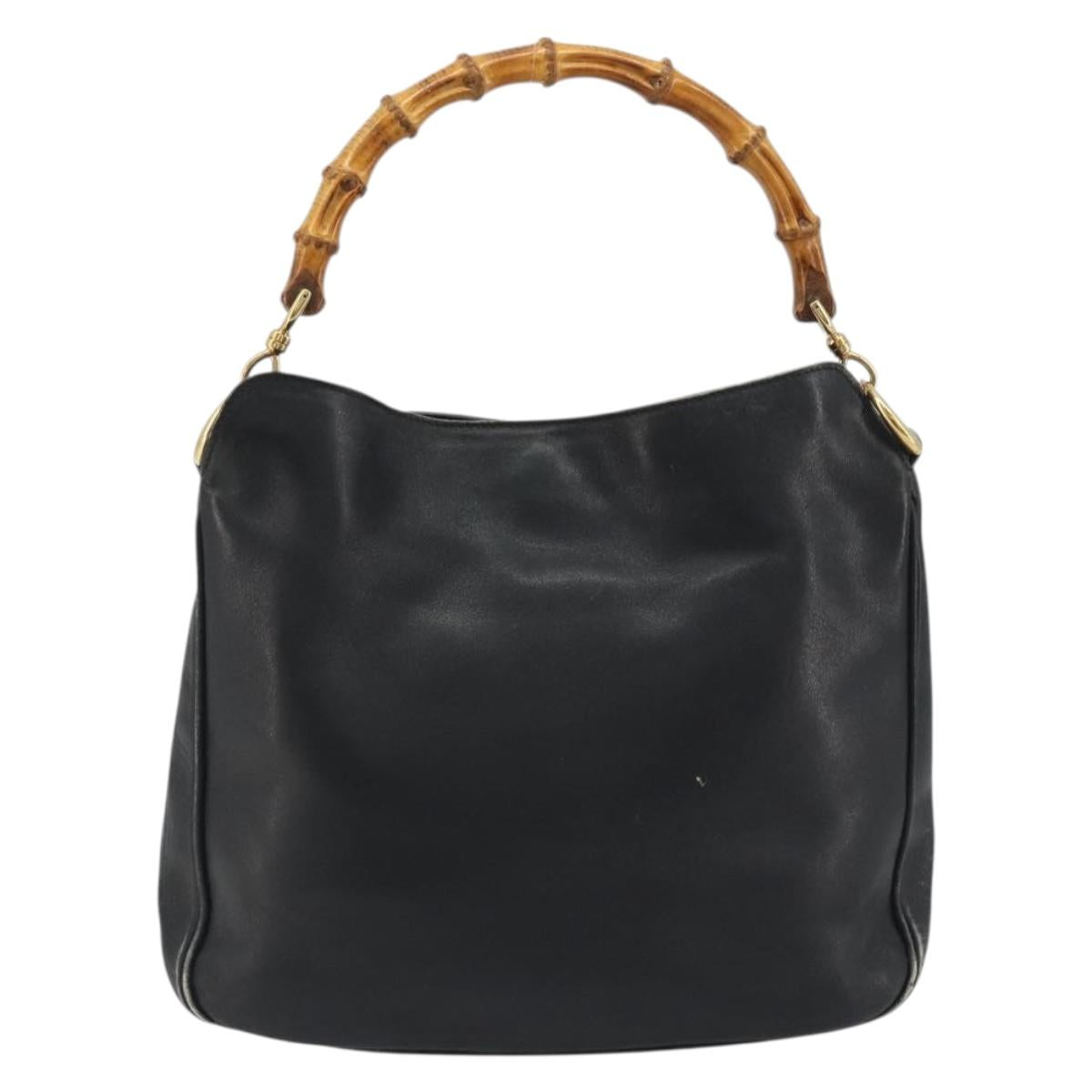 GUCCI Bamboo Hand Bag Leather Black Gold Tone 004 123 1638 Auth ep15174
