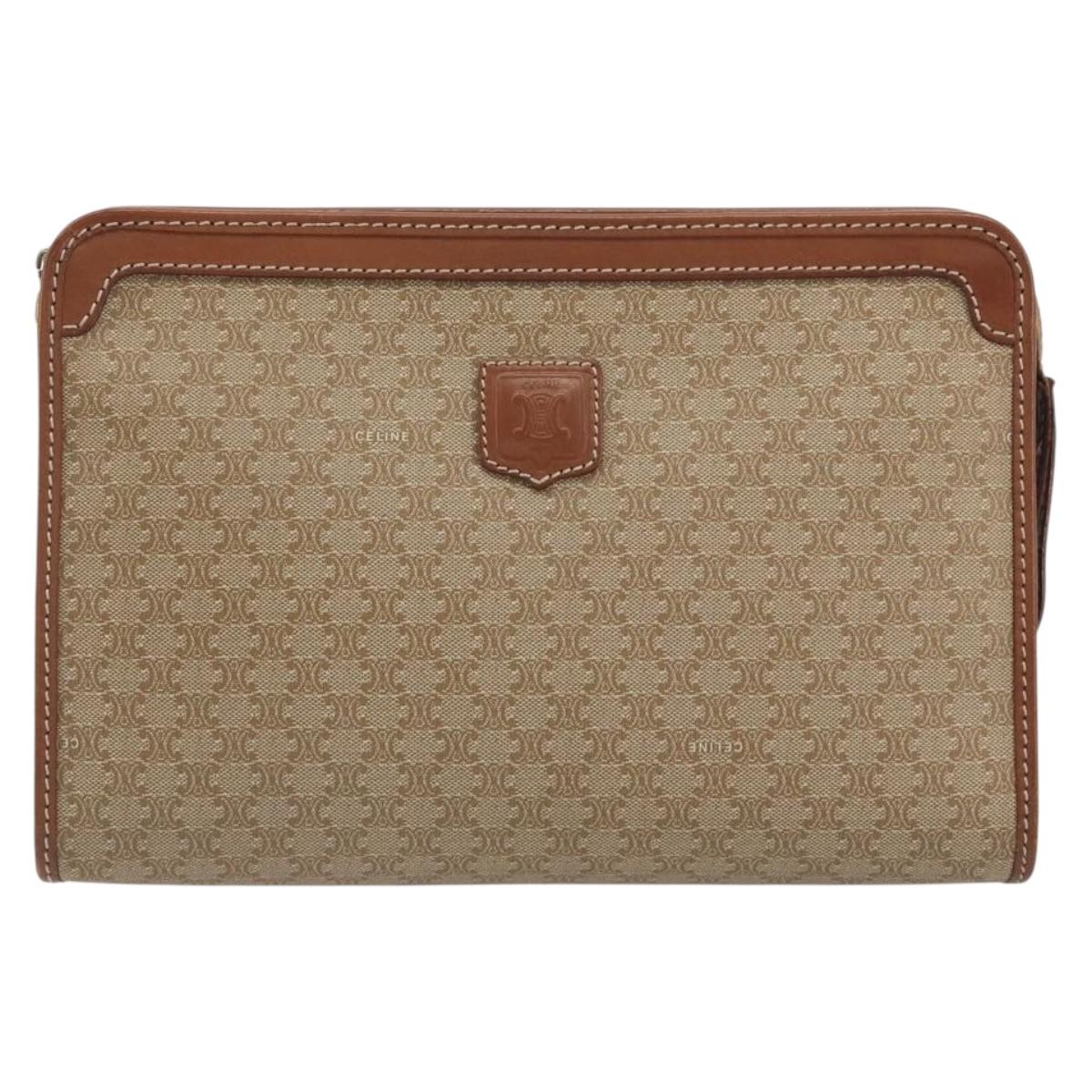 CELINE Macadam Clutch Bag PVC Leather Beige Gold Tone Auth ep15177