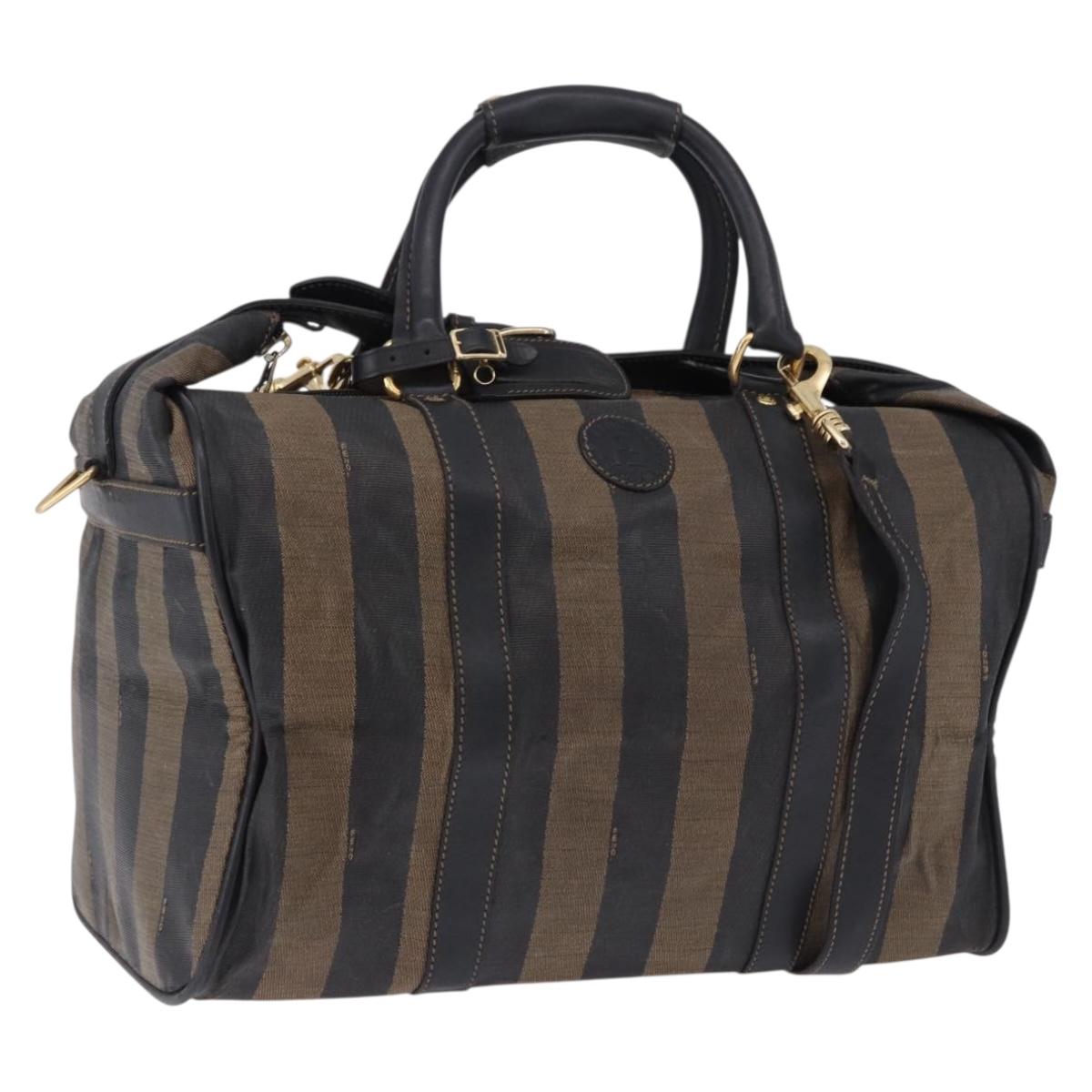 FENDI Pecan Canvas Boston Bag 2way Black Gold Tone Auth ep15183
