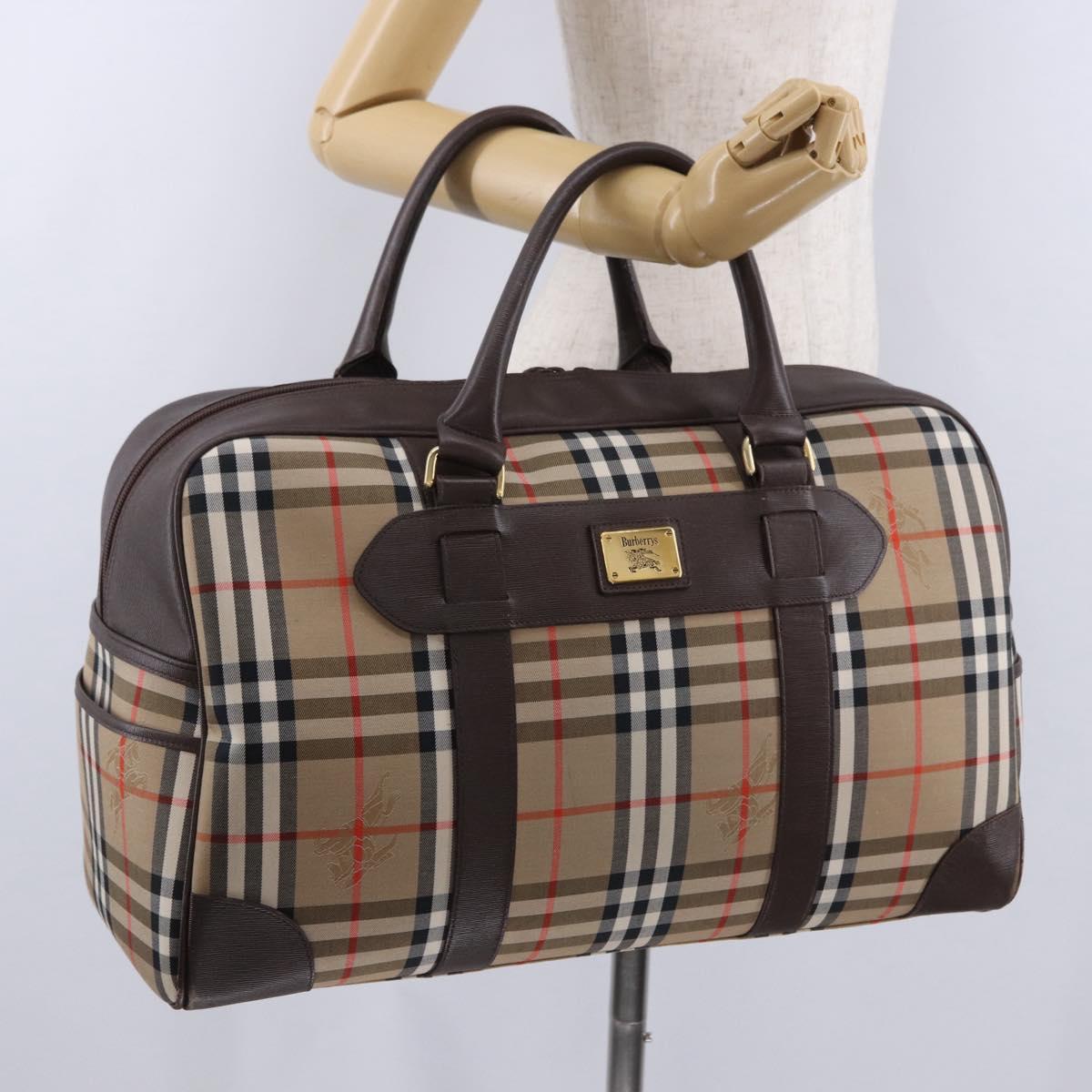 Burberrys Nova Check Boston Bag Canvas Beige Gold Tone Auth ep15193A