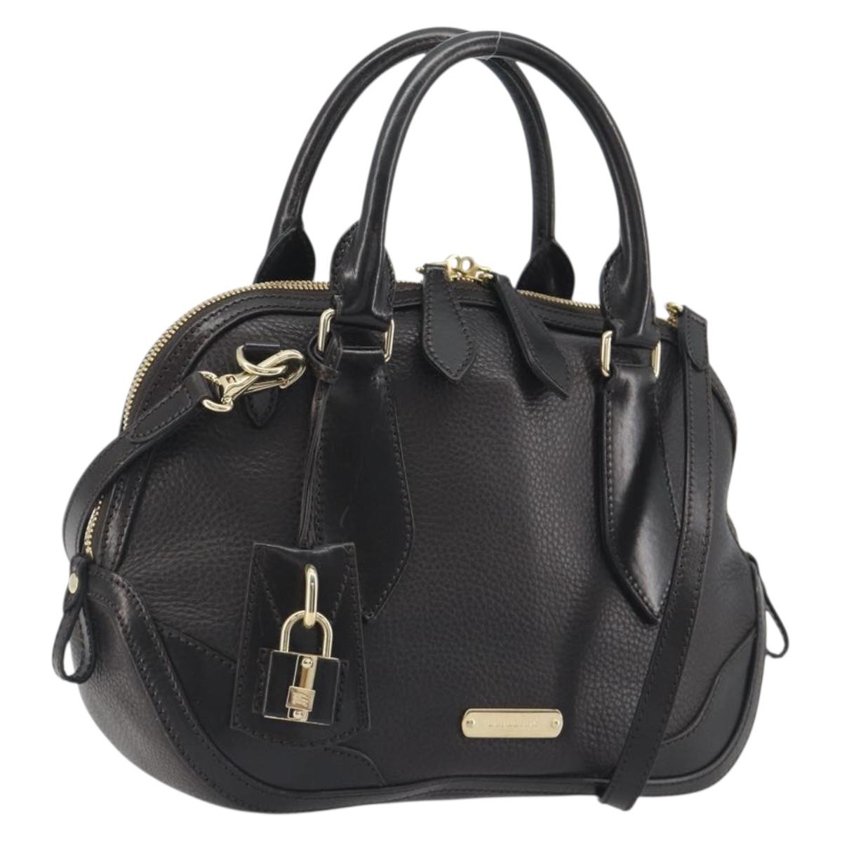 BURBERRY Hand Bag Leather 2way Black Gold Tone Auth ep15195