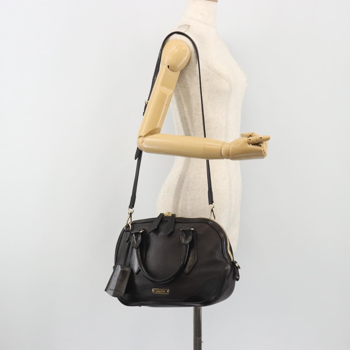 BURBERRY Hand Bag Leather 2way Black Gold Tone Auth ep15195