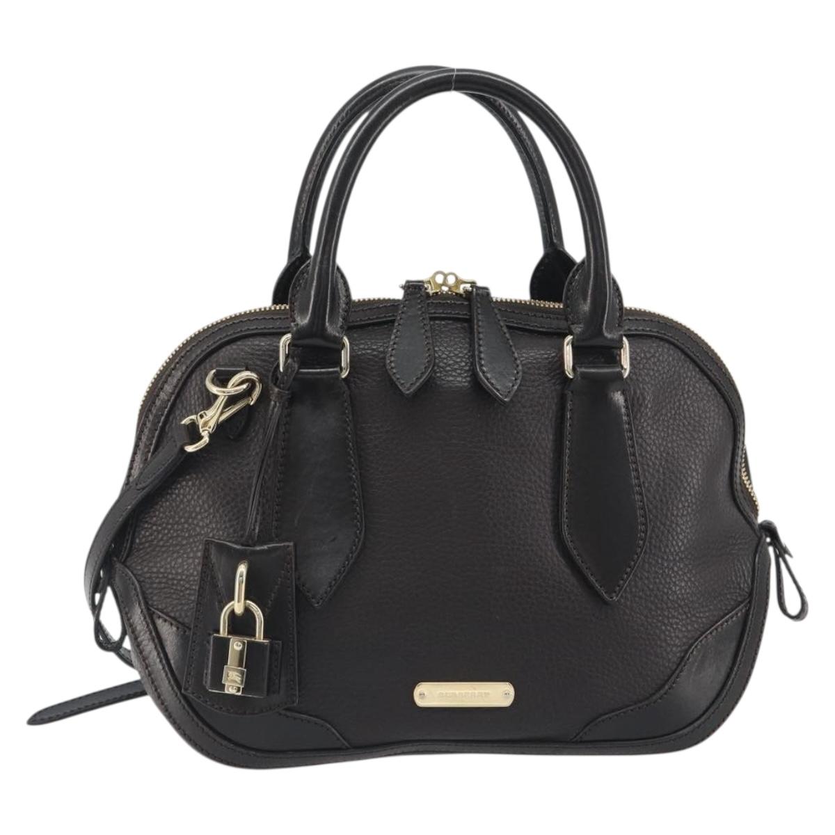 BURBERRY Hand Bag Leather 2way Black Gold Tone Auth ep15195