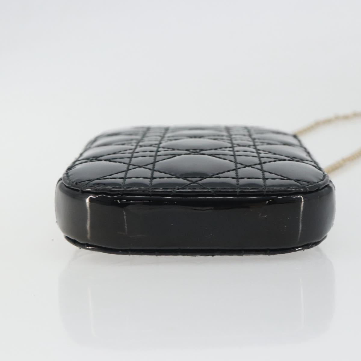 Christian Dior Cannage Phone Holder Chain Shoulder Bag Patent Black Auth ep15212
