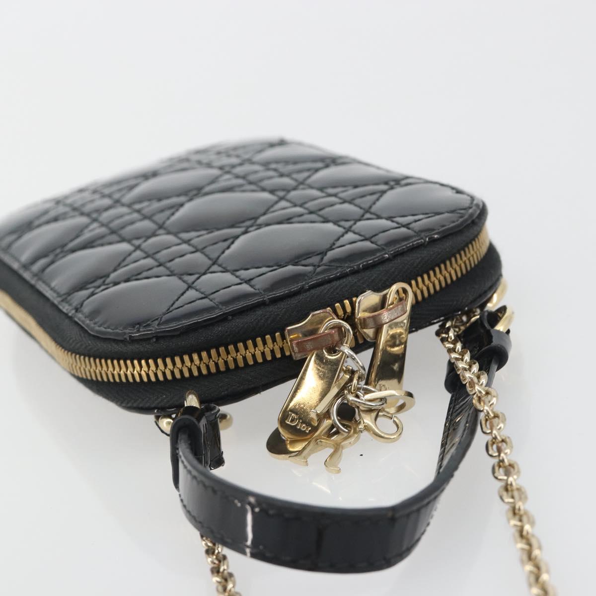 Christian Dior Cannage Phone Holder Chain Shoulder Bag Patent Black Auth ep15212