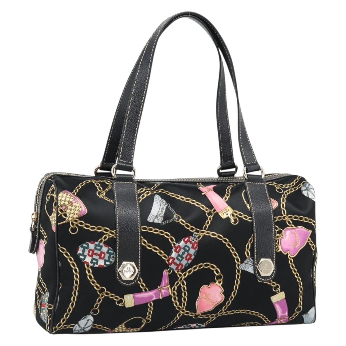 GUCCI Hand Bag Satin Black Gold Tone 154180 Auth ep15224V