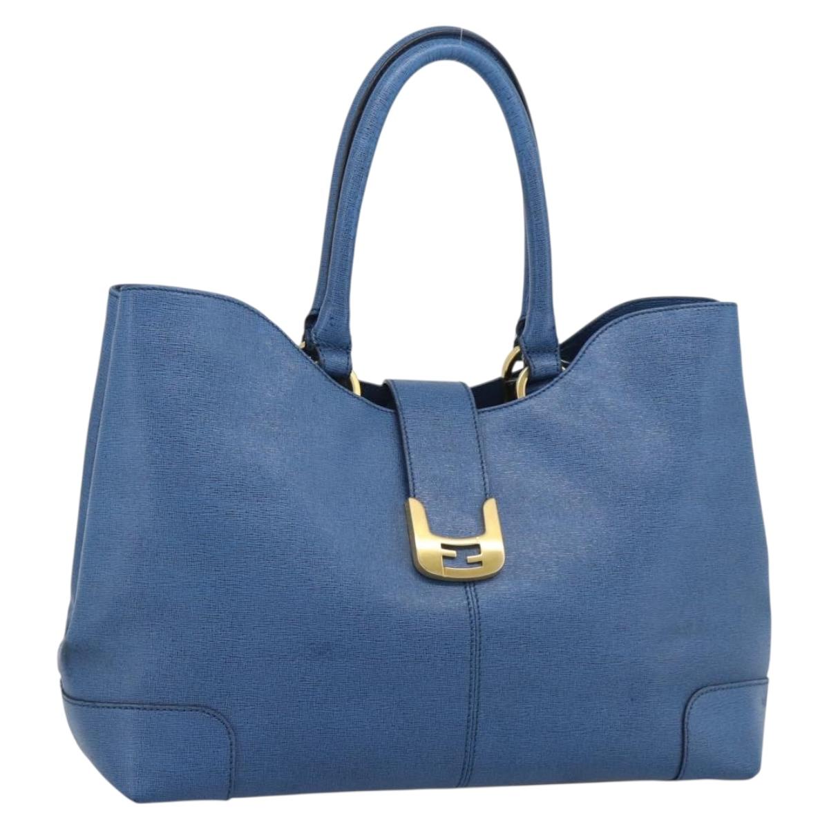 FENDI Tote Bag Leather Blue Gold Tone 8BR662 Auth ep15227