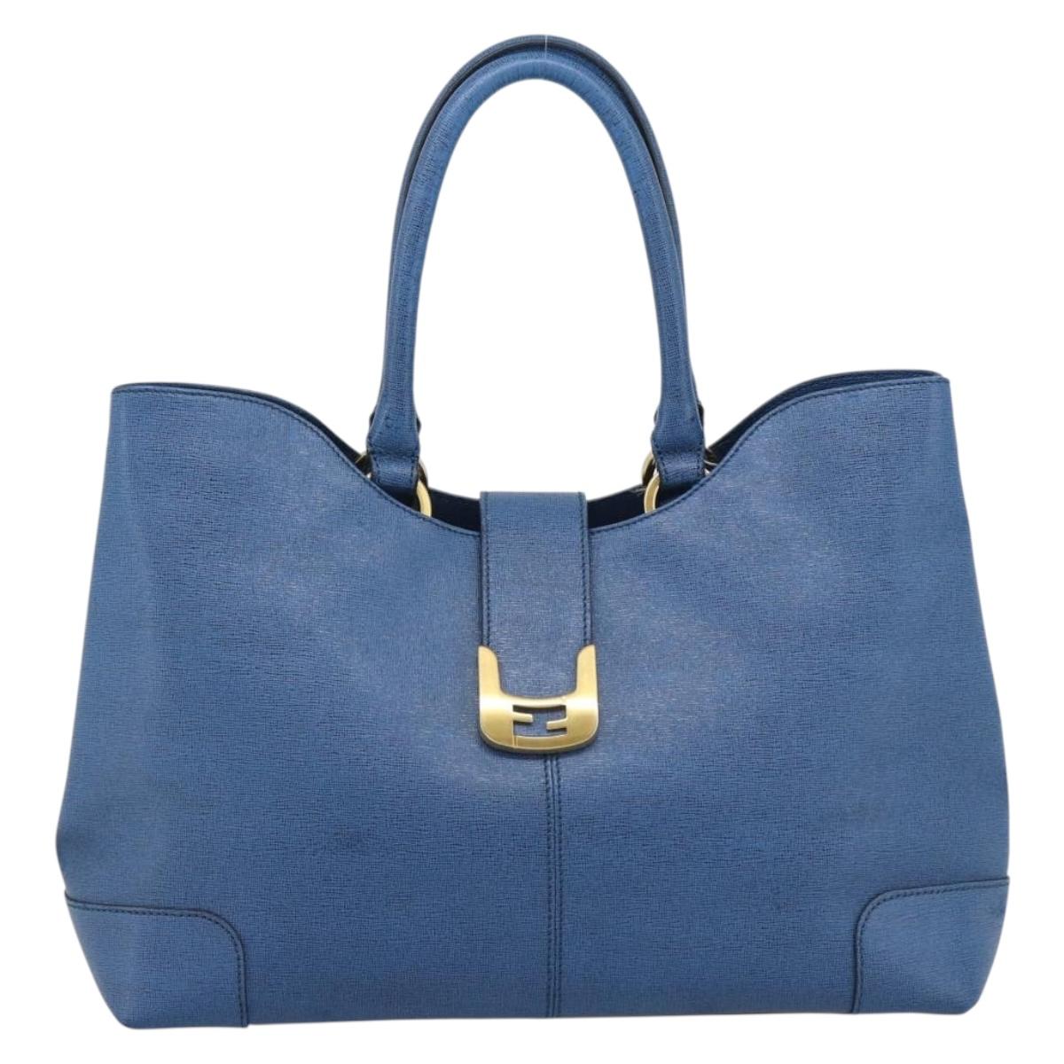 FENDI Tote Bag Leather Blue Gold Tone 8BR662 Auth ep15227