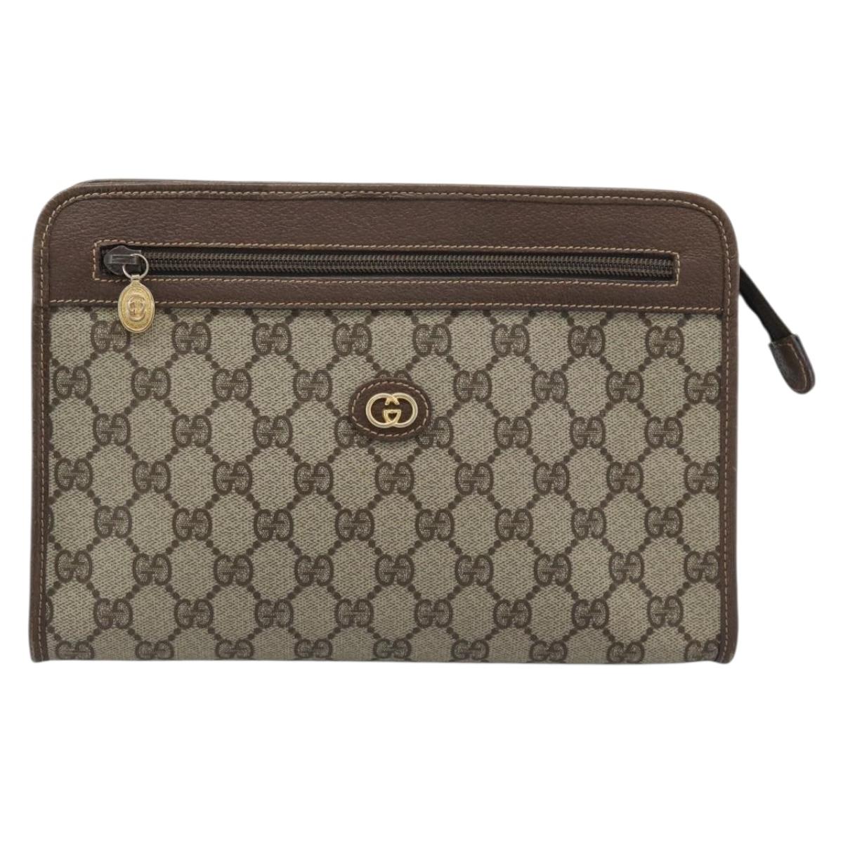 GUCCI GG Supreme Clutch Bag PVC Leather Beige Gold Tone Auth ep15234
