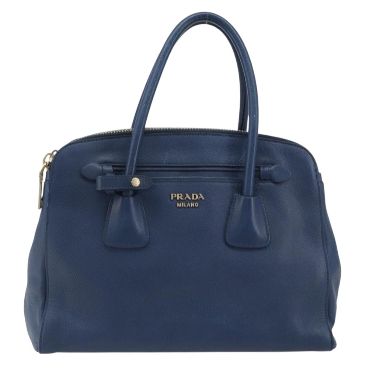 PRADA Hand Bag Leather Blue Gold Tone Auth ep15244