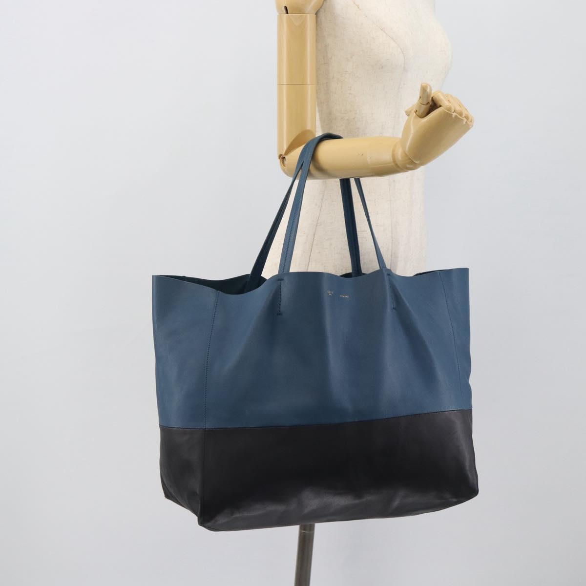 CELINE Horizontal Cava Tote Bag Leather Blue Black Auth ep15247
