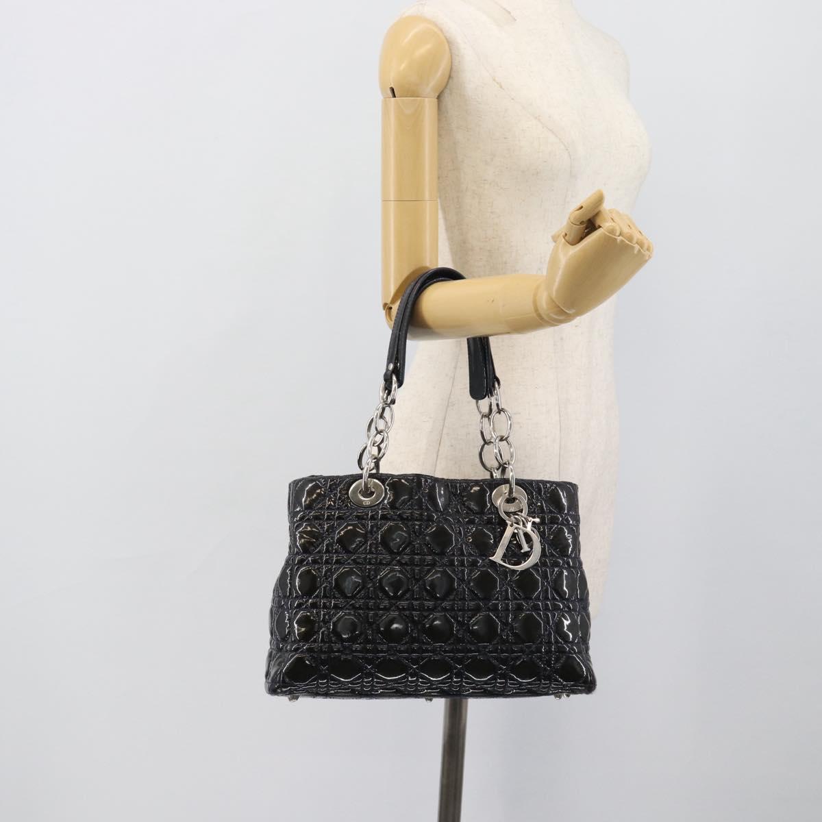 Christian Dior Canage Hand Bag Patent Navy Silver Auth ep15260