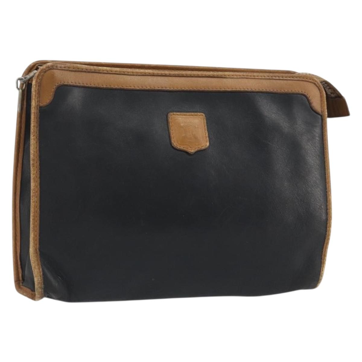 CELINE Clutch Bag Leather Black Gold Tone Auth ep15267