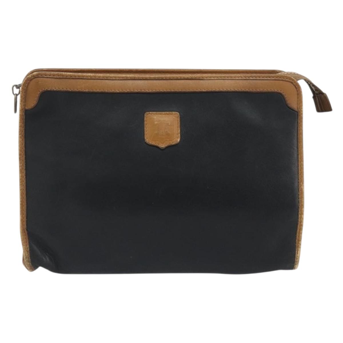 CELINE Clutch Bag Leather Black Gold Tone Auth ep15267