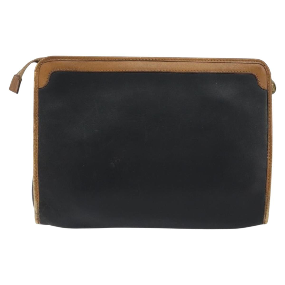 CELINE Clutch Bag Leather Black Gold Tone Auth ep15267
