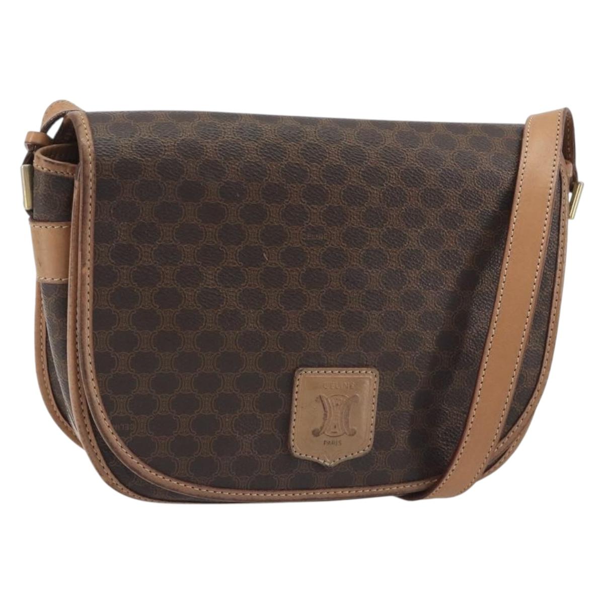 CELINE Macadam Shoulder Bag PVC Leather Brown Gold Tone Auth ep15274