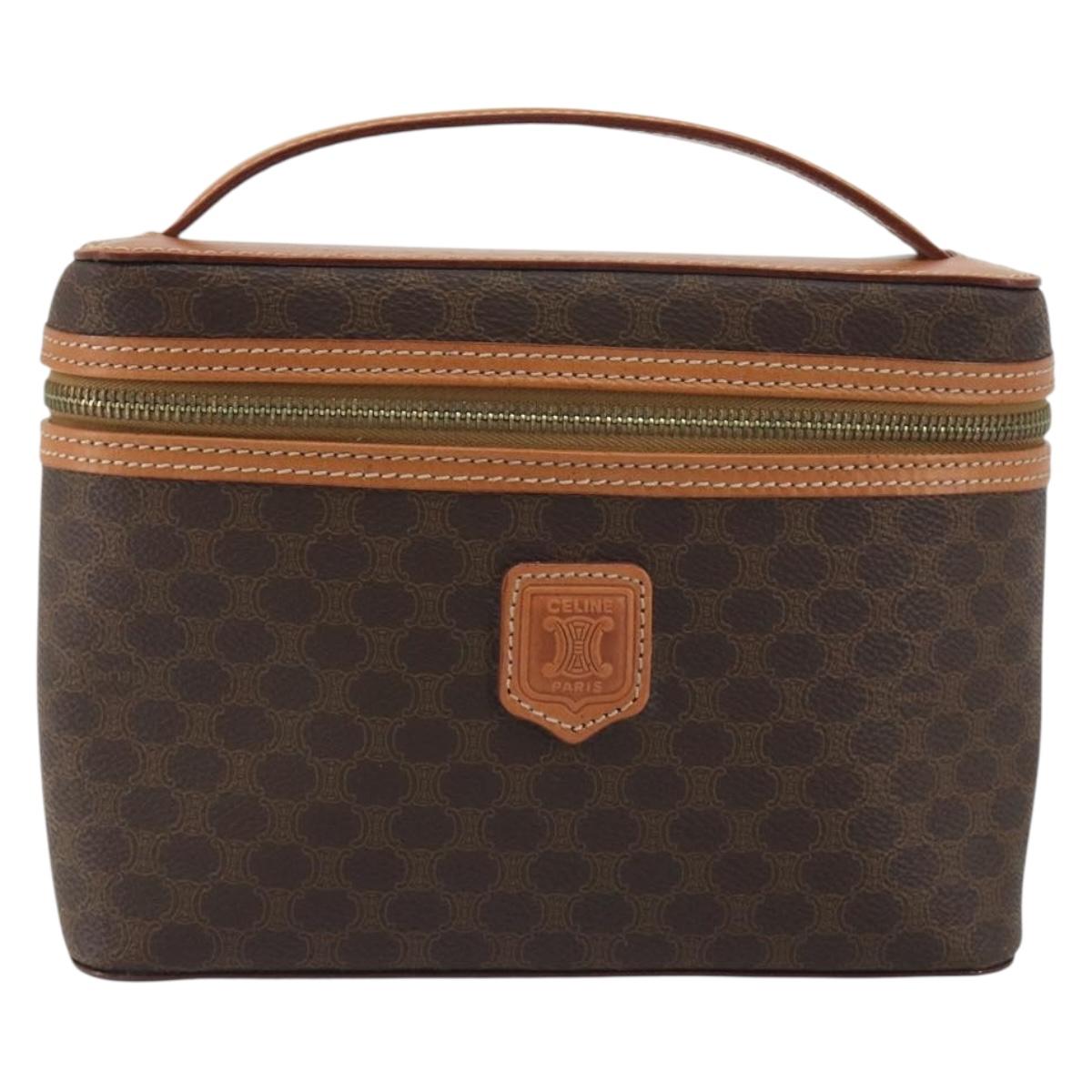 CELINE Macadam Vanity Cosmetic Pouch PVC Leather Brown Gold Tone Auth ep15314A