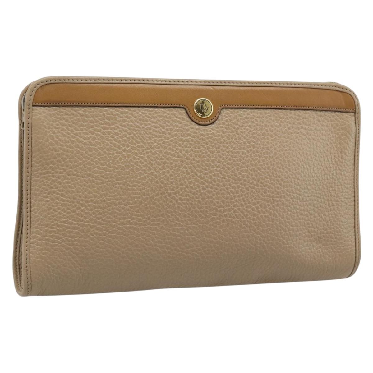Christian Dior Clutch Bag Leather Beige Gold Tone Auth ep15317