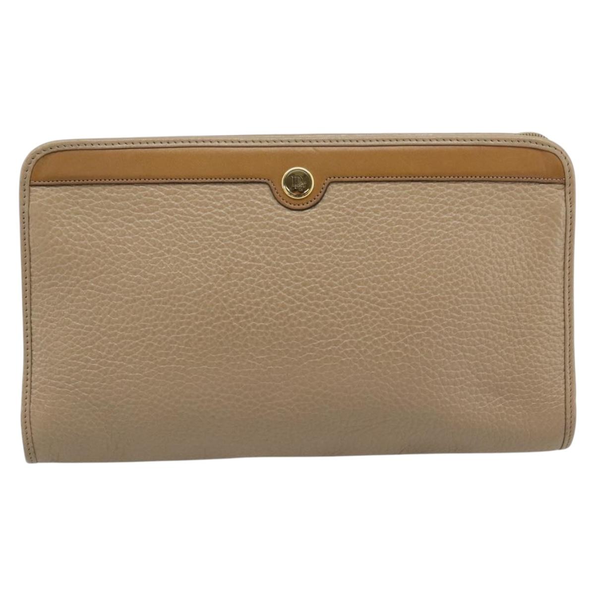 Christian Dior Clutch Bag Leather Beige Gold Tone Auth ep15317