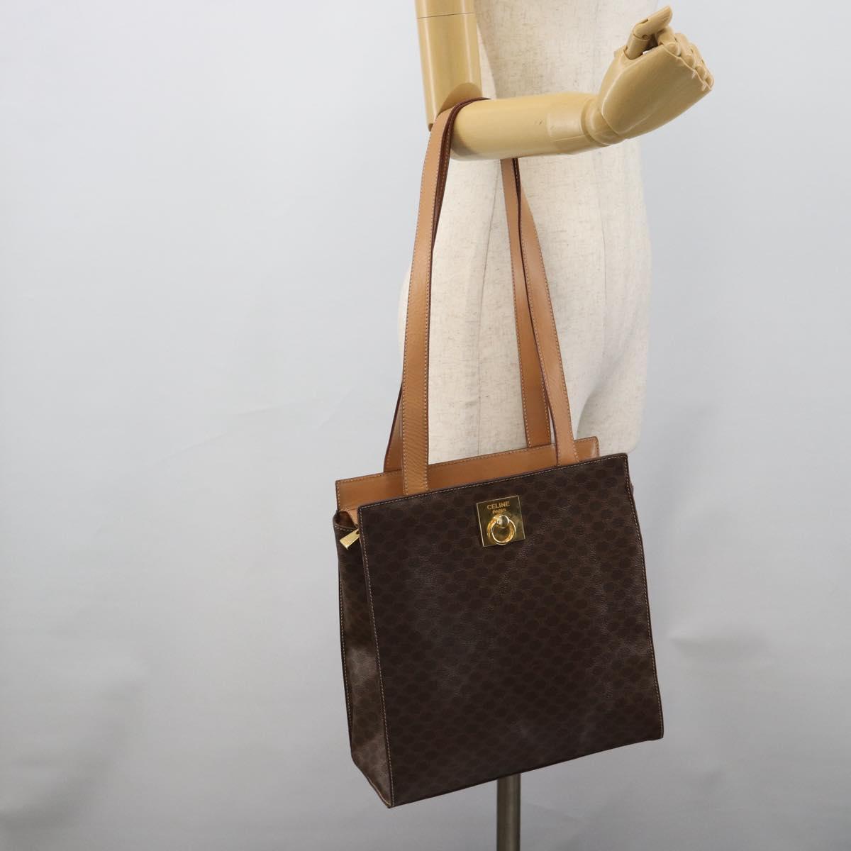 CELINE Macadam Tote Bag PVC Leather Brown Gold Tone Auth ep15343